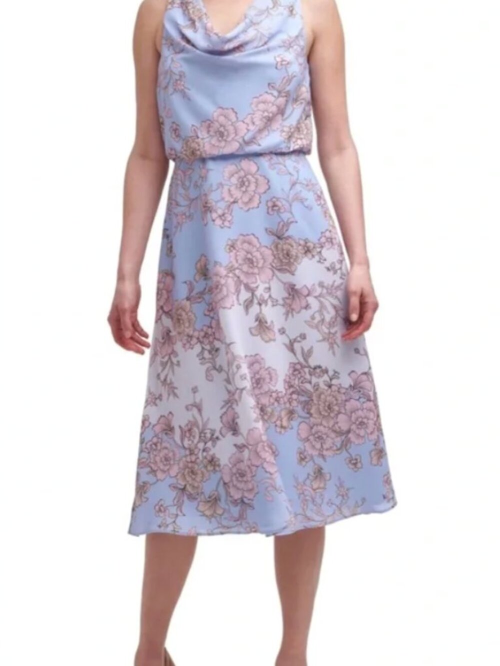 Vince Camuto pale blue & pink floral drape neck midi dress size 6 - Picture 4 of 10
